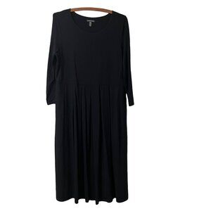 Eileen Fisher Black Viscose Knit 3/4 Length Sleeve Side Pocket Midi Dress M